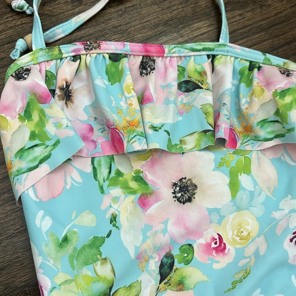 Snapper Rock Watercolor Floral Frill One-Piece Halter Swimsuit (Size 3T)